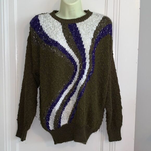 Vintage Sweaters - Vtg 80s Joyce dark olive green nubby sweater with swirl‎ design on front